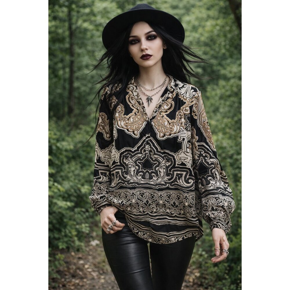 INC International Concepts Baroque Long Sleeve Tunic Blouse Size 8 GUC Chiffon